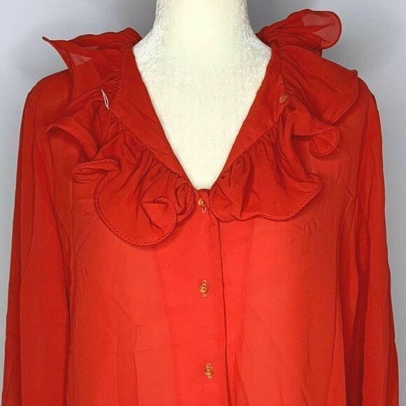 Vintage 80s Teddi Button Up Shirt L Red Ruffle - Picture 1 of 8